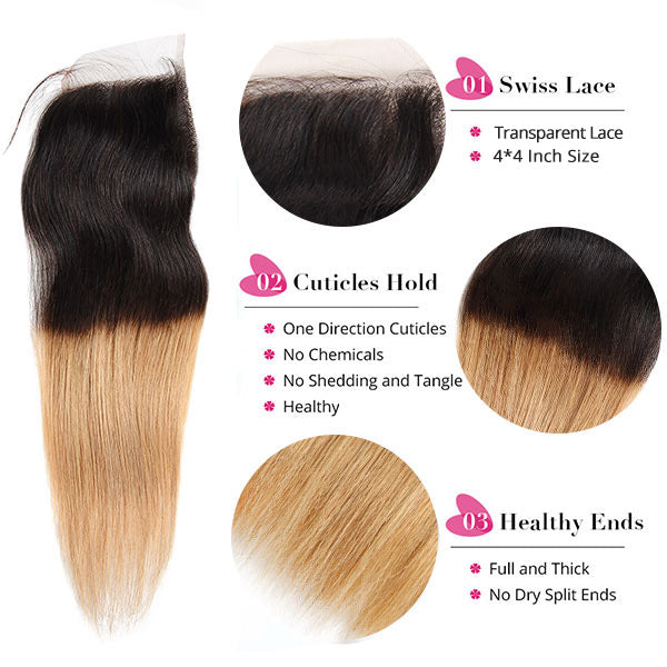 Ombre T1b/27 Colored Human Hair Straight Hair Bundles With Lace Closure