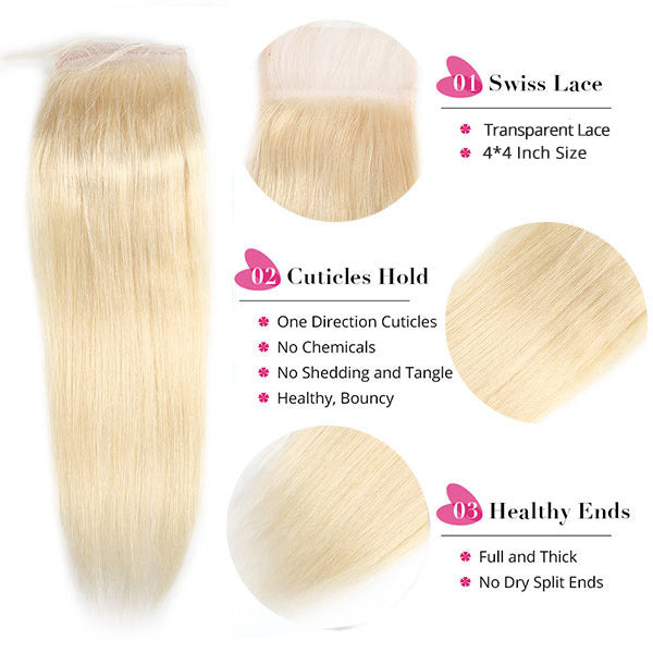 613 Honey Blonde Hair Straight Human Virgin Bundles With 4x4 Lace Closure