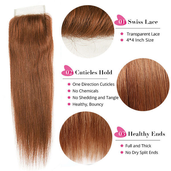 Color 4 Human Hair Straight Hair Bundles With Transparent Lace Closure