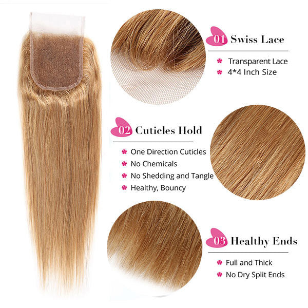 27# Color Honey Blonde 3 Bundles With Lace Closure Straight Hair