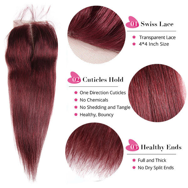 Burgundy 99j Color Straight 3 Bundles With HD Lace Closure