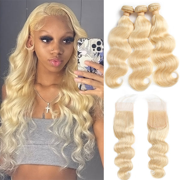 613 Blonde Color Hair 3 Bundles With Lace Closure Body Wave Brazilian Hair