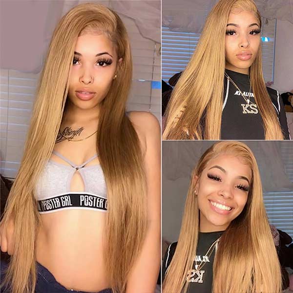 27# Color Honey Blonde 3 Bundles With Lace Closure Straight Hair