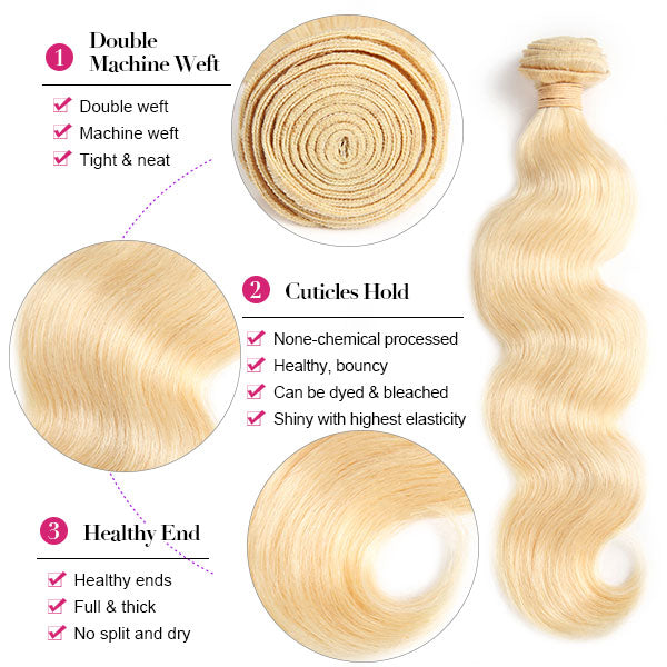 613 Blonde Color Hair 3 Bundles With Lace Closure Body Wave Brazilian Hair