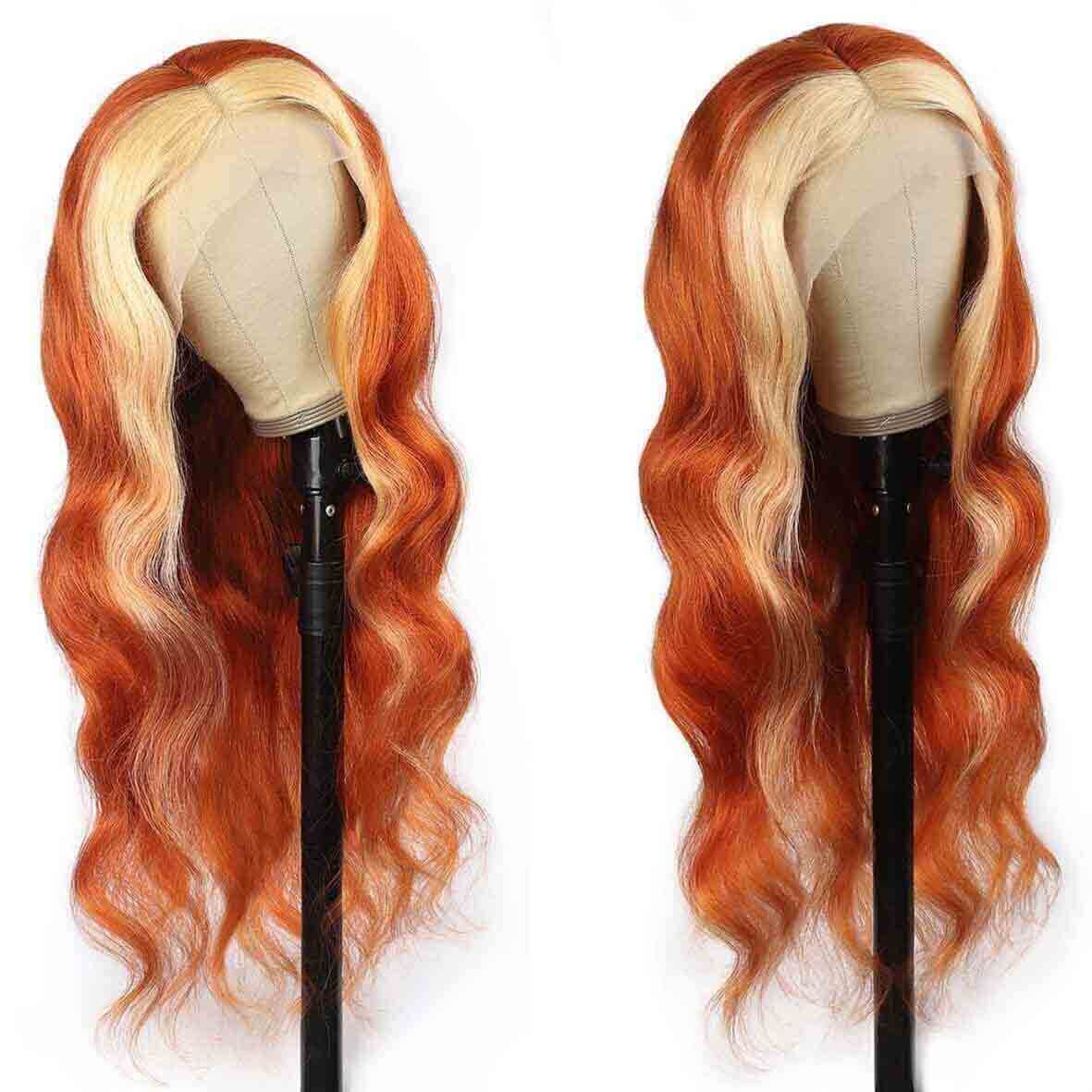 New Arrival Skunk Stripe Ginger Blonde Hair Transparent T Part Human Hair Wigs
