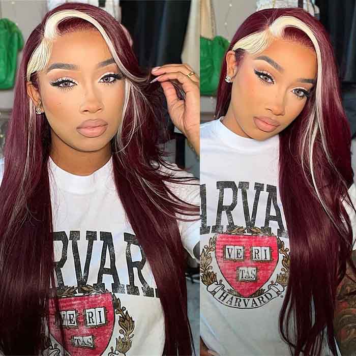 Burgundy with Blonde Skunk Stripe Color Body Wave Transparent Lace Front Wigs 99J Red Wine Color Wig