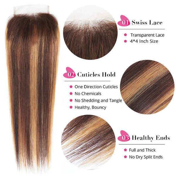 Highlight Honey Blonde Straight Hair Bundles With Lace Closure Brazilian Human Hair
