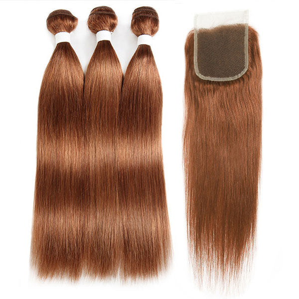 Color 4 Human Hair Straight Hair Bundles With Transparent Lace Closure