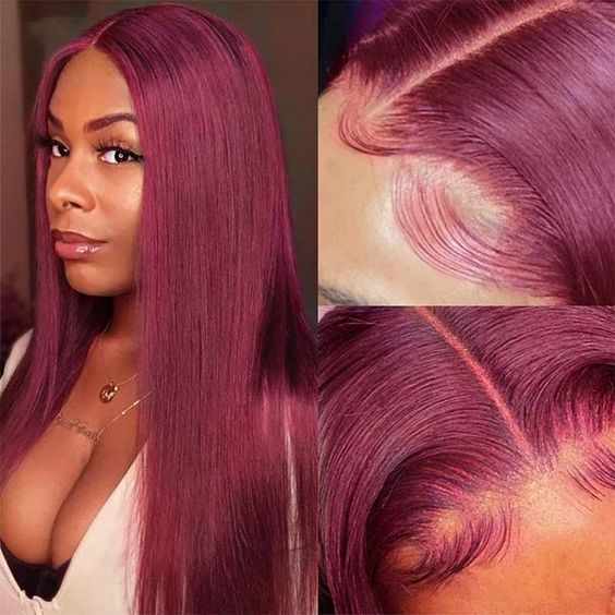 Straight Hair Burgundy Color 13x4 Lace Front Wig Human Hair Wigs 99J Red Hair Pre-Plucked 180% Colored Human Hair Deep Part Wigs