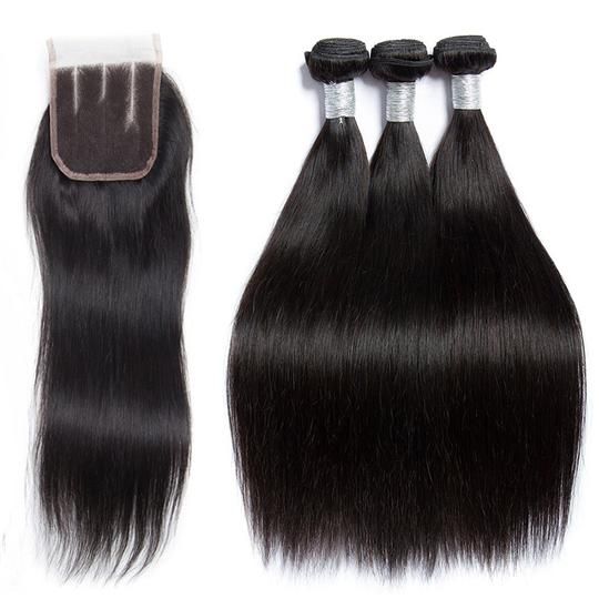 Long Straight Bundles with Closure Straight Human Hair Weave with 4x4 Lace Closure