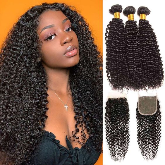 Brazilian Curly Hair 3 Bundles with Closure Transparent Lace Closure with Remy Hair Extension