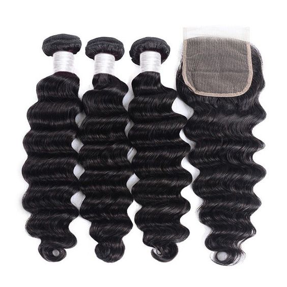 Loose Deep Wave Bundles with Closure Brazilian Hair 3 Bundles with Transparent Lace Closure