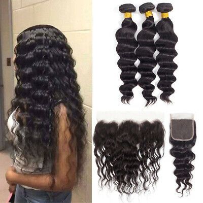 Loose Deep Wave Bundles with Closure Brazilian Hair 3 Bundles with Transparent Lace Closure