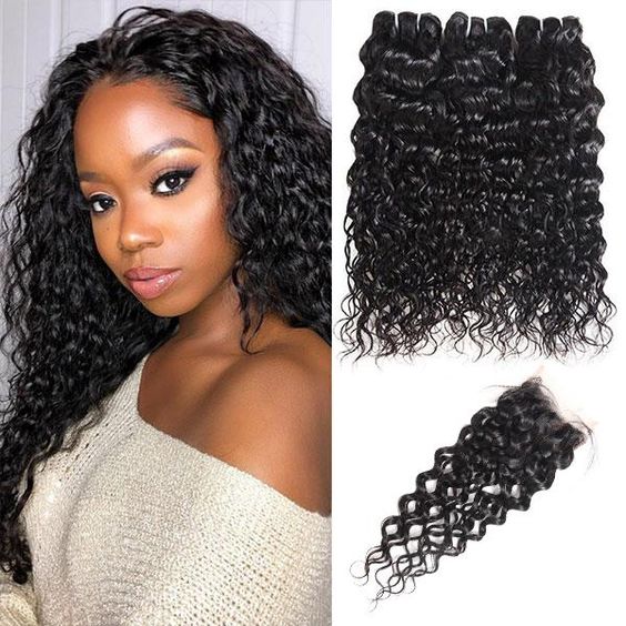 Water Wave Bundles with Closure Peruvian Hair Weave Bundles with 4x4 HD Transparent Lace Closure