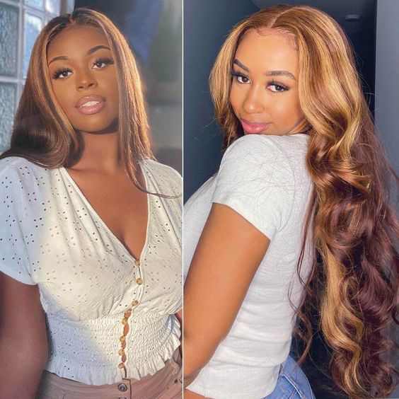 Highlights Body Wave Human Hair Lace Front Wigs Honey Blonde Highlights Hair 4x4 HD Lace Closure Wig Colored Human Hair Wigs