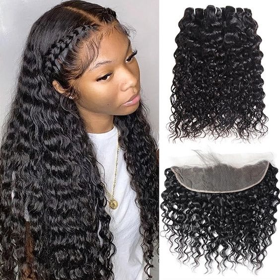 Water Wave Bundles with Frontal Wet and Wavy Human Hair Extensions with 13x4 Lace Frontal