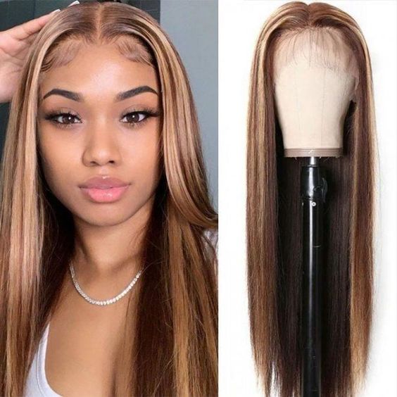 Straight Ombre Hair 13x4 Lace Front Wigs Brown Hair with Blonde Highlights