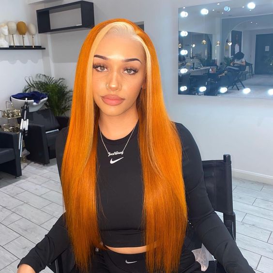 Ombre Color Ginger Hair with Blonde Highlights Straight Human Hair Lace Front Wigs