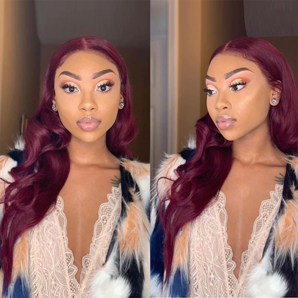 Uwigs 99J# Burgundy Body Wave Hair T Part Lace Front Wig Virgin Human Hair