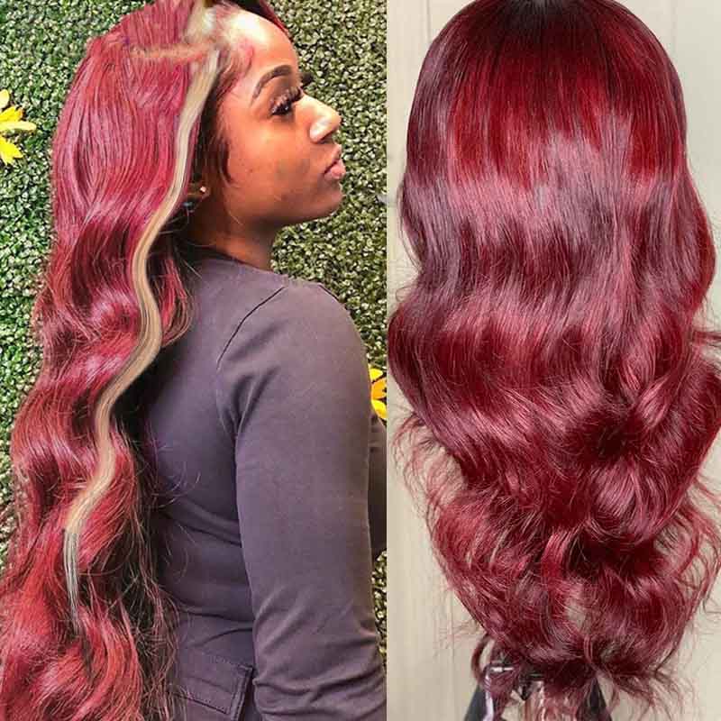 Burgundy with Blonde Skunk Stripe Color Body Wave Transparent Lace Front Wigs 99J Red Wine Color Wig