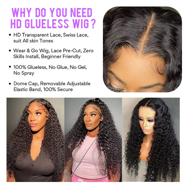 HD Transparent Deep Wave Glueless 4x4 Lace Closure Wig Pre Cut Lace Wig No Glue For Women