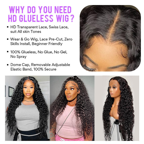 4x4 Water Wave HD Glueless Human Hair Wigs No Glue 30Inch 180% Density