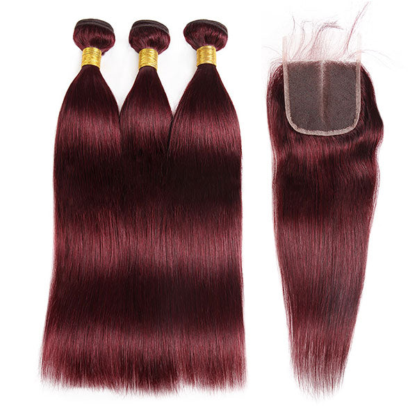 Burgundy 99j Color Straight 3 Bundles With HD Lace Closure