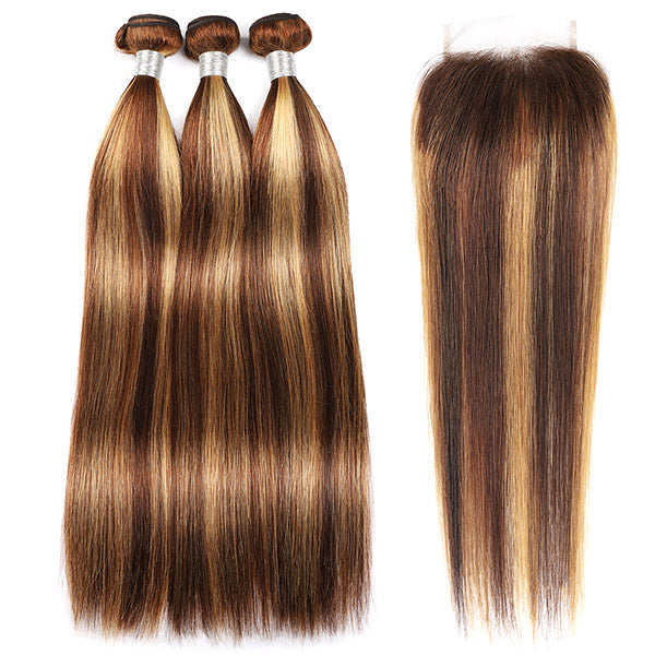 Highlight Honey Blonde Straight Hair Bundles With Lace Closure Brazilian Human Hair