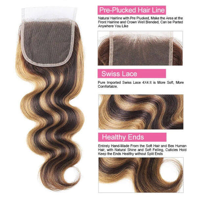 Highlight Bundles With Closure Brazilian Ombre Body Wave Hair Bundles With 4X4 Lace Closure P4/27 Honey Blonde Remy Hair Weave Bundles