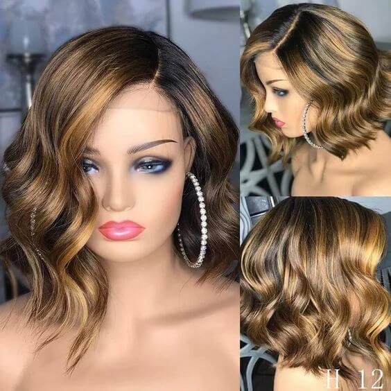 Short Bob Wig Body Wave Honey Blonde Highlights Human Hair Lace Wigs