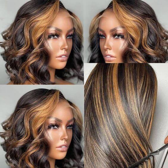 Short Bob Wig Body Wave Honey Blonde Highlights Human Hair Lace Wigs