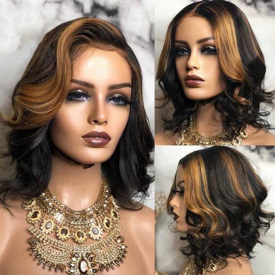 Short Bob Wig Body Wave Honey Blonde Highlights Human Hair Lace Wigs