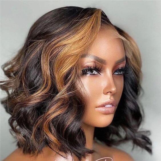 Short Bob Wig Body Wave Honey Blonde Highlights Human Hair Lace Wigs