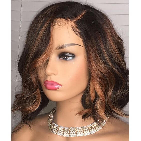 Short Bob Wig Body Wave Honey Blonde Highlights Human Hair Lace Wigs