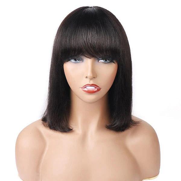 Straight Hair Short Bob Wig Machine Made Wigs with Bangs