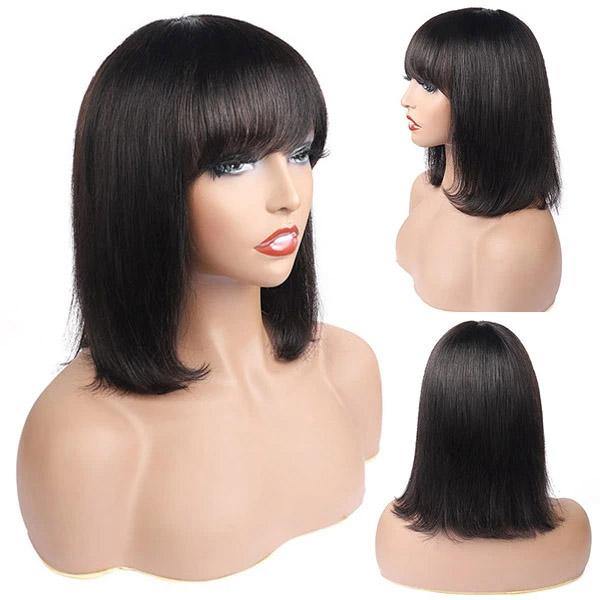 Straight Hair Short Bob Wig Machine Made Wigs with Bangs