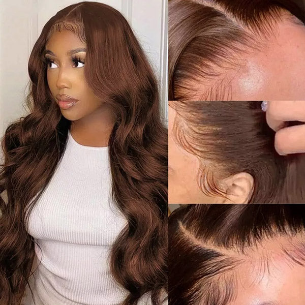 #4 Dark Brown Body Wave 13x4 Transparent Colored Lace Front Wigs Human Hair Pre Plucked For Black Women