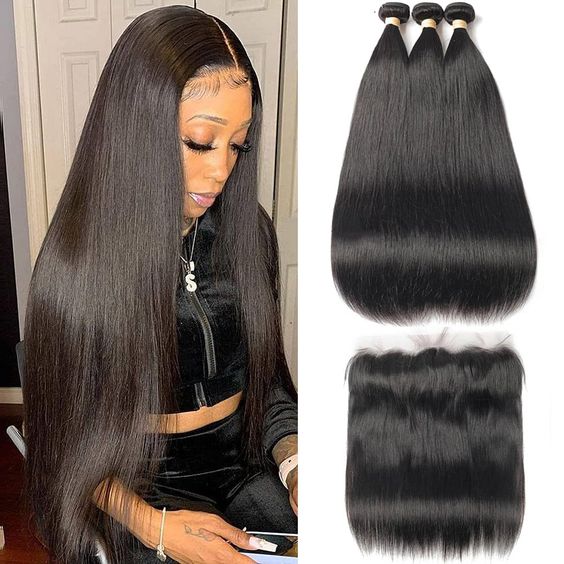 Brazilian Straight Remy Hair 38 Inch Human Hair Bundles With 13X4 Lace Frontal Human Hair Bundles with Closure