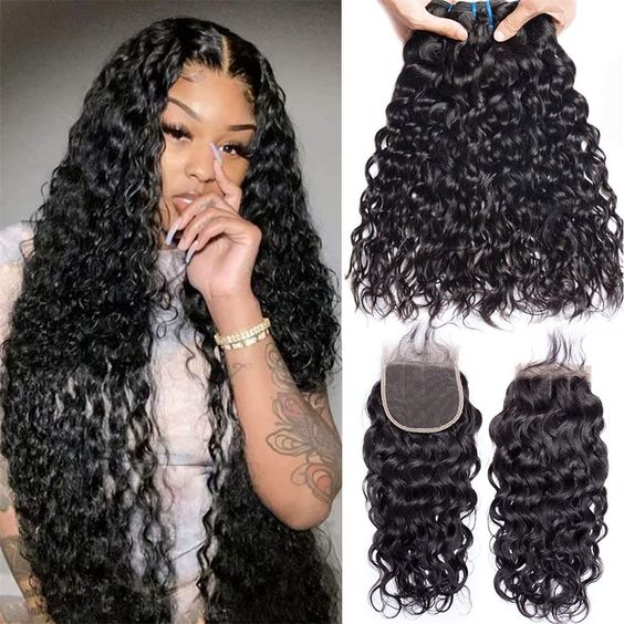 Water Wave Bundles with Closure Peruvian Hair Weave Bundles with 4x4 HD Transparent Lace Closure
