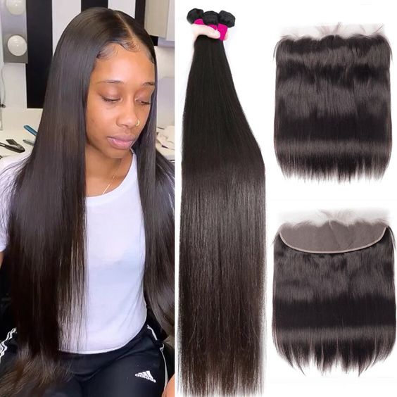 Brazilian Straight Remy Hair 38 Inch Human Hair Bundles With 13X4 Lace Frontal Human Hair Bundles with Closure