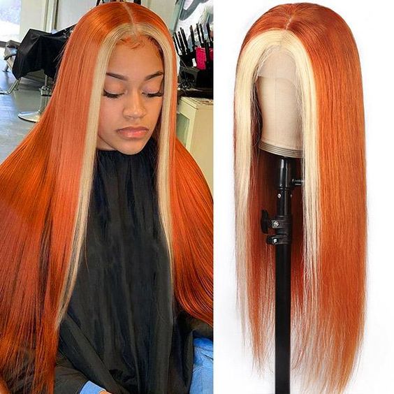 Ombre Color Ginger Hair with Blonde Highlights Straight Human Hair Lace Front Wigs