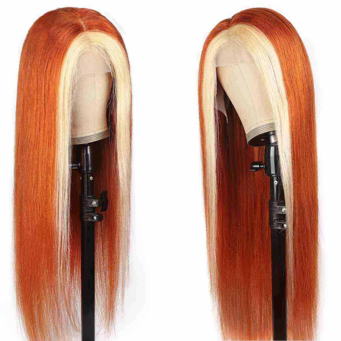 Ombre Color Ginger Hair with Blonde Highlights Straight Human Hair Lace Front Wigs