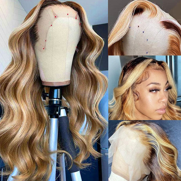 Body Wave 13x4 Front Wigs Brown With Blonde Highlights #P4/613 Human Hair HD Lace Wigs