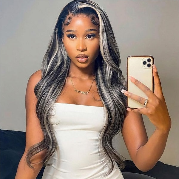 Platinum Blonde Grey Highlights Body Wave Lace Front Wigs 13x4 Colored Human Hair Wigs