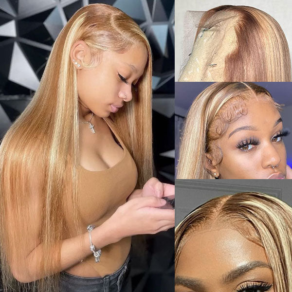 Brown Wig With Blonde Highlights #P4/613 Straight Human Hair Lace Front Wigs