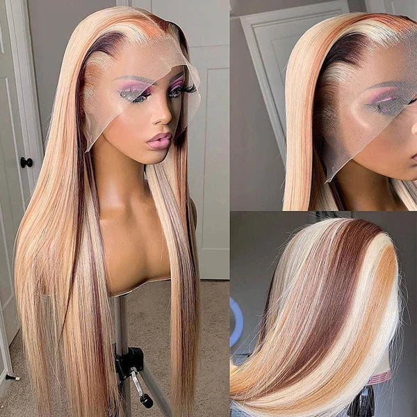 P4/613 Color Straight Hair 13x4 Lace Front Wigs Brown Wig With Blonde Highlights Human Hair Wigs
