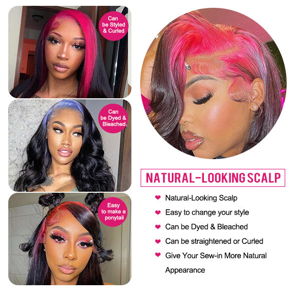 Skunk Strip Pink Highlights Wig Body Wave Lace Front Wig HD Glueless Human Wigs