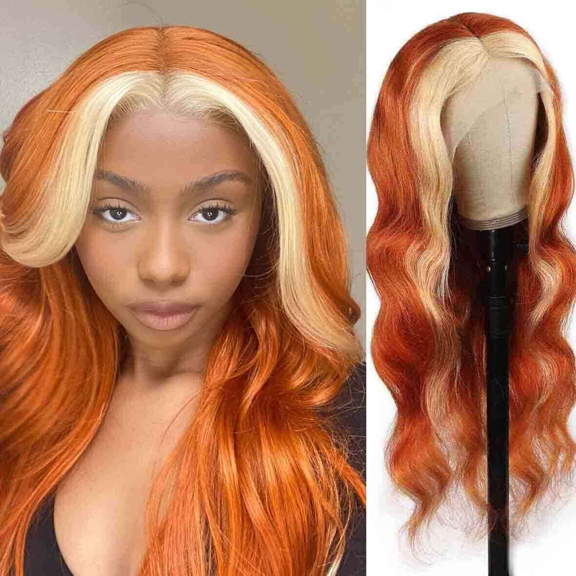 New Arrival Skunk Stripe Ginger Blonde Hair Transparent T Part Human Hair Wigs