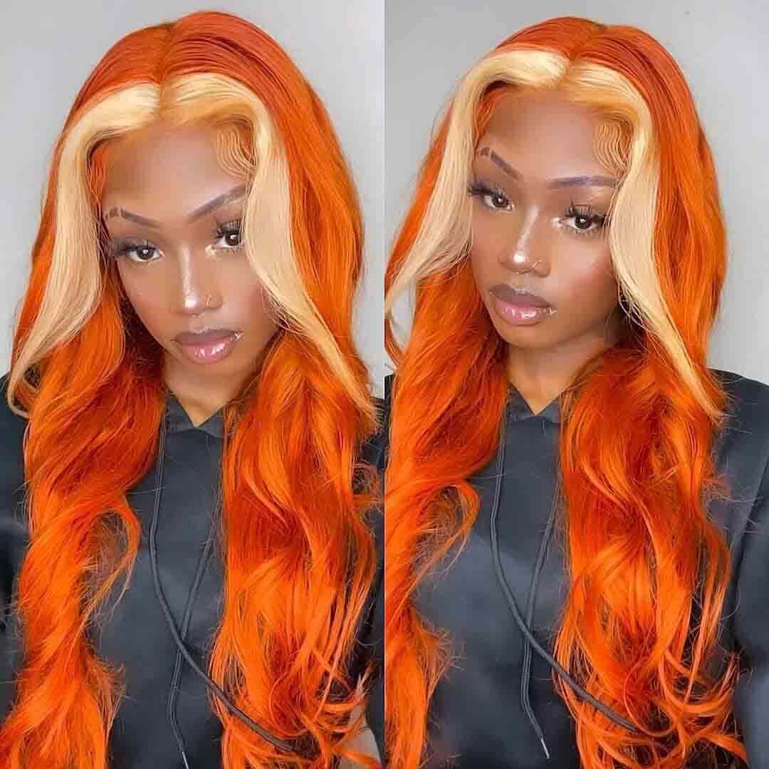 New Arrival Skunk Stripe Ginger Blonde Hair Transparent T Part Human Hair Wigs