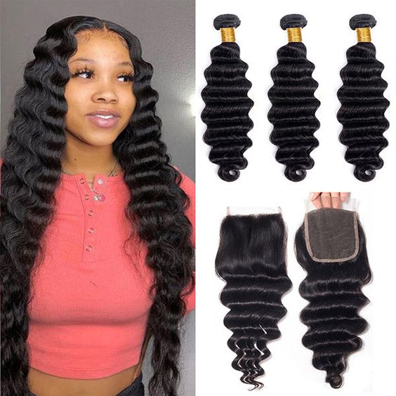Loose Deep Wave Bundles with Closure Brazilian Hair 3 Bundles with Transparent Lace Closure